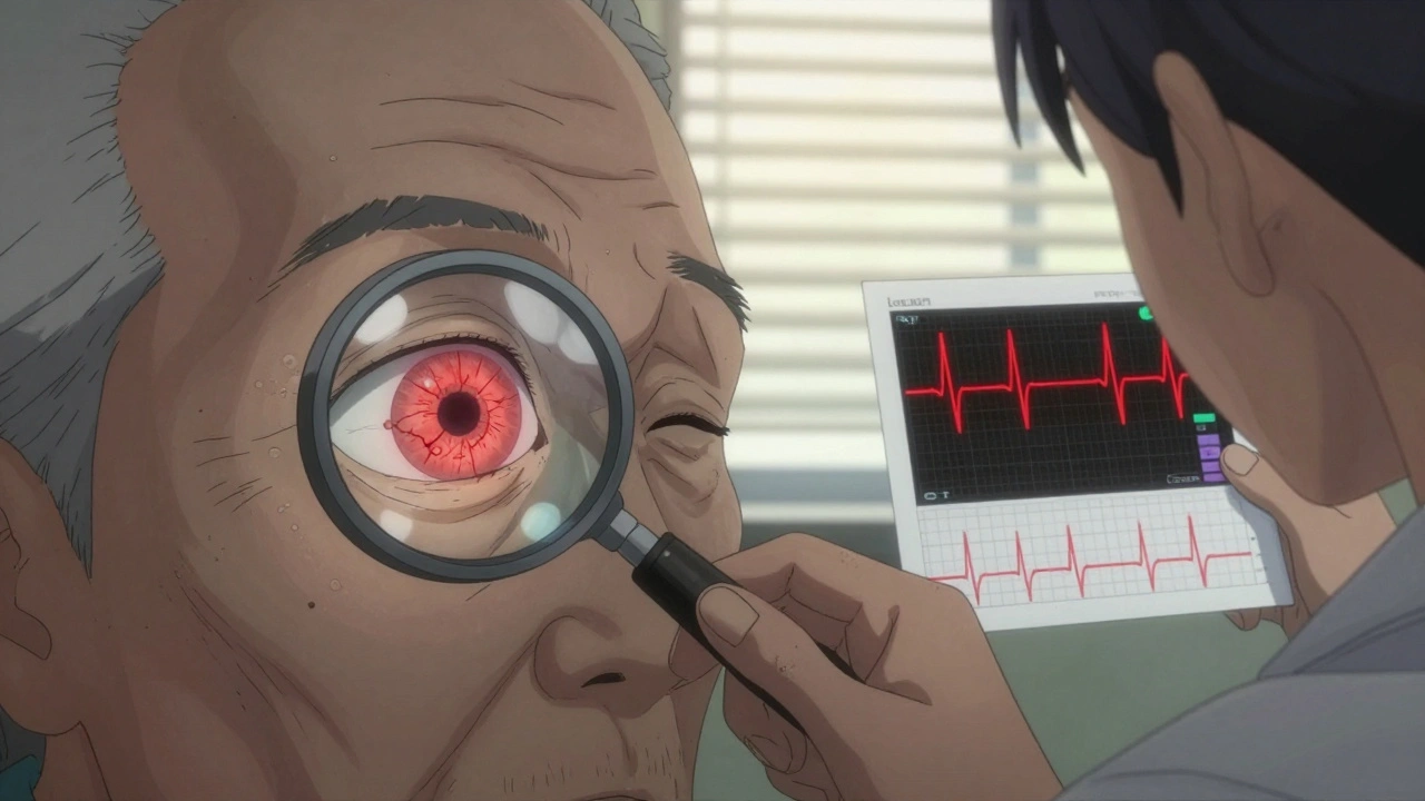 Close-up of an eye showing retinal damage and an ECG with dangerous QT prolongation, in anime manhua style.