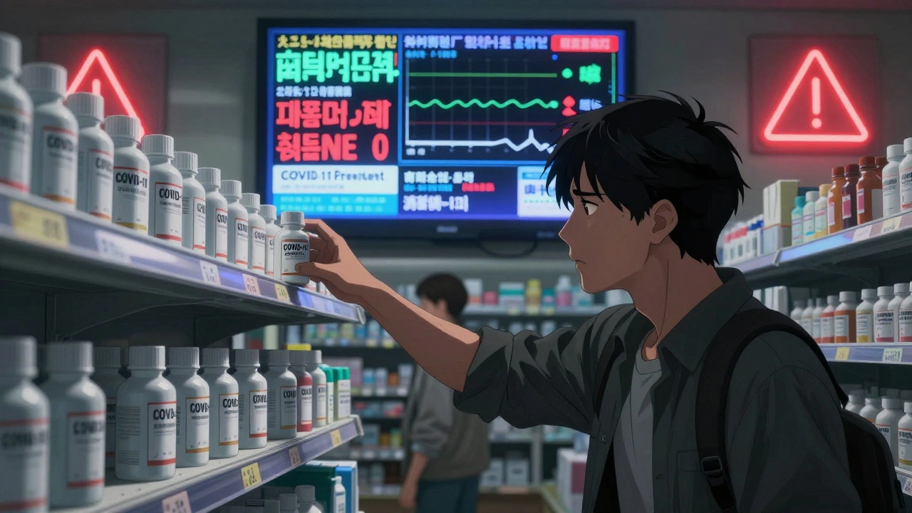 Empty chloroquine bottles on a pharmacy shelf with a TV showing COVID-19 headlines and a flatlining heart monitor.