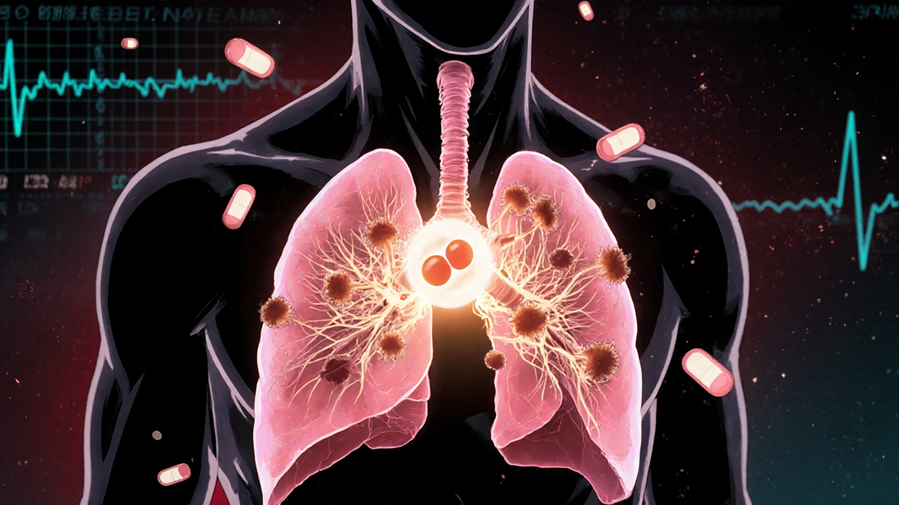 Human lung infected with fungal webs, attacked by antifungal molecules.