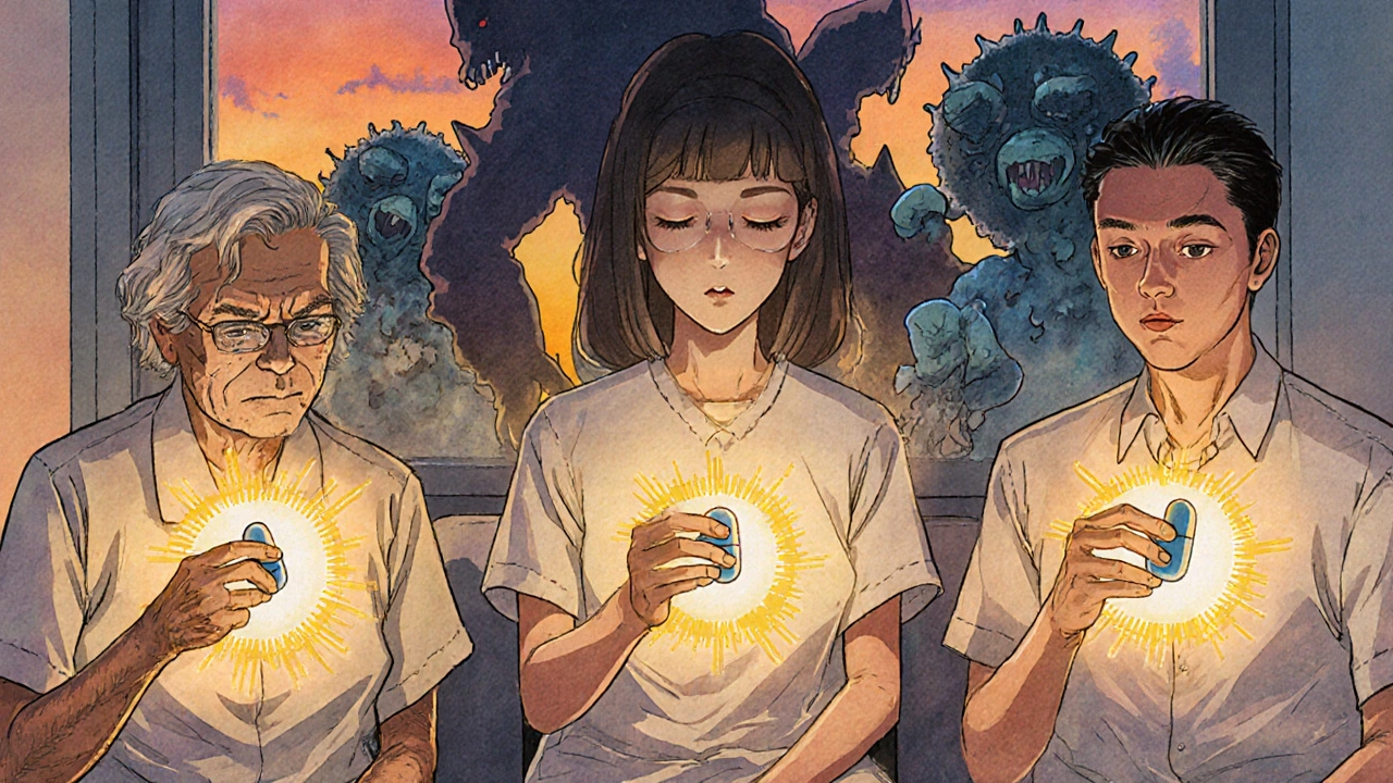 Patients in a clinic receiving healing light from Sporanox capsules.