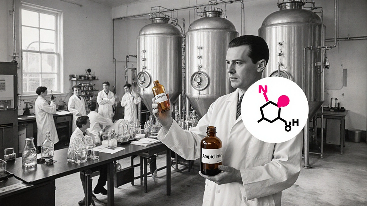 1960s Pfizer lab scientists beside fermentation vats, amber amphetamine bottle, red side‑chain diagram.