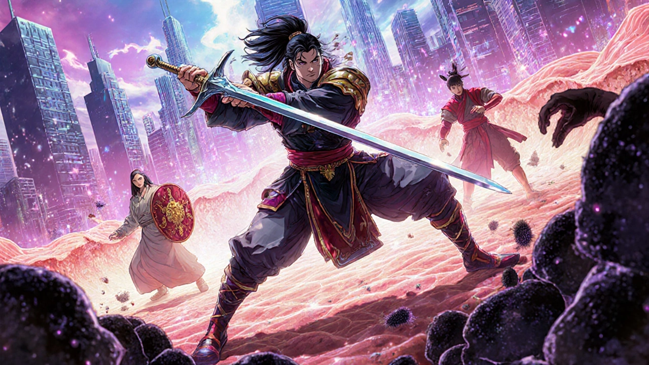 A skincare warrior battling skin imperfections with tretinoin, aided by bakuchiol and adapalene allies.