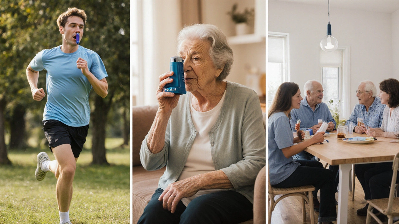 Collage of a runner, an elderly woman, and a family each using a rescue inhaler.