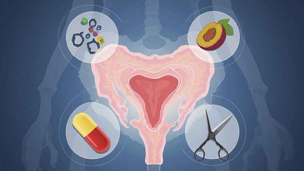 Cross-section of a male pelvis showing a shrinking prostate surrounded by silhouettes of various BPH treatments.