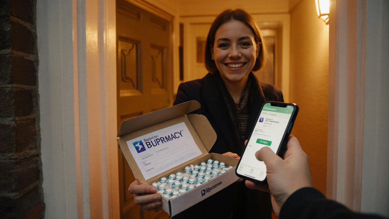 Customer receiving a parcel with generic Wellbutrin tablets and a prescription at home.