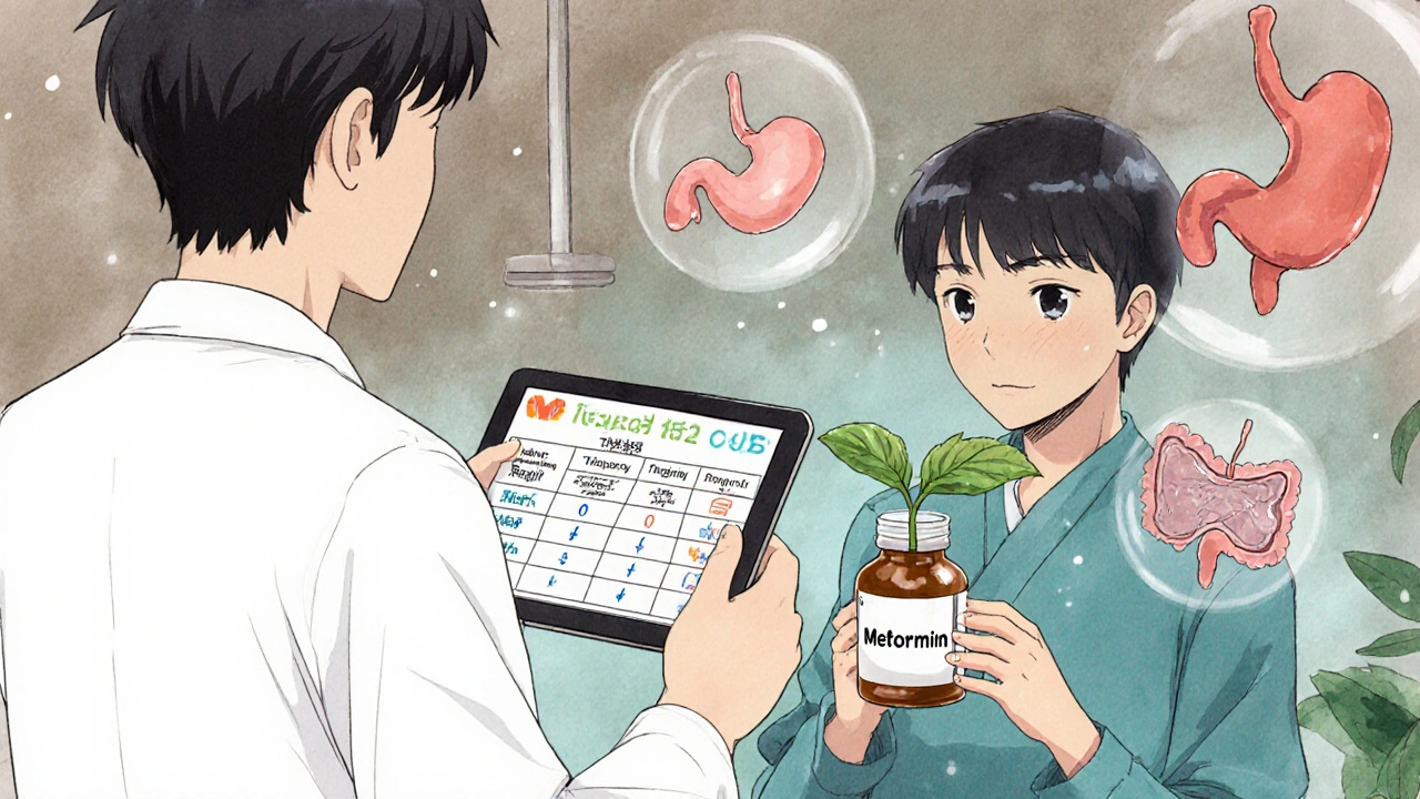 Doctor and patient discussing drug options with a growing plant symbolizing sustainable health from Metformin.