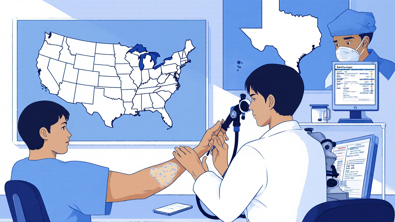Doctor examining a skin patch and lab technician with microscope in a modern clinic.