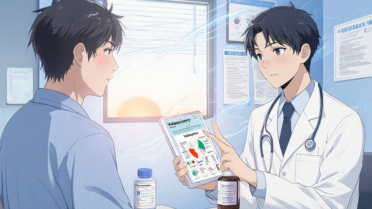 Doctor explains Valacyclovir benefits to transplant patient in a hospital counseling room.