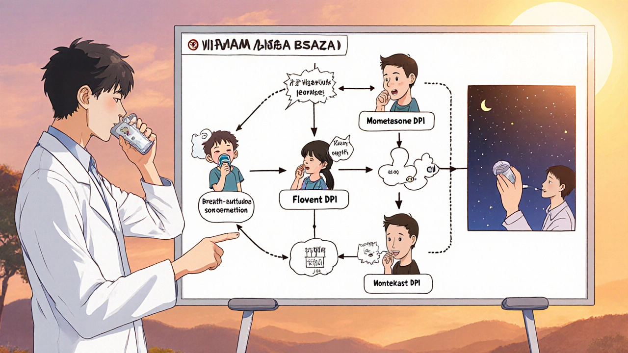 Doctor guiding patients through inhaler and medication choices.