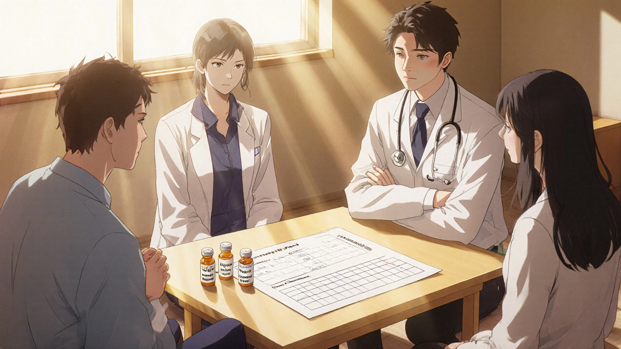Doctor, psychiatrist, patient, and family discuss tapering steroids, surrounded by antipsychotic meds.