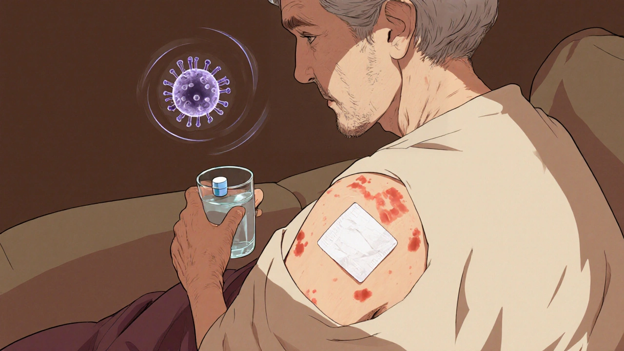 Elderly woman with shingles rash takes Valacyclovir, appears relieved and comfortable.