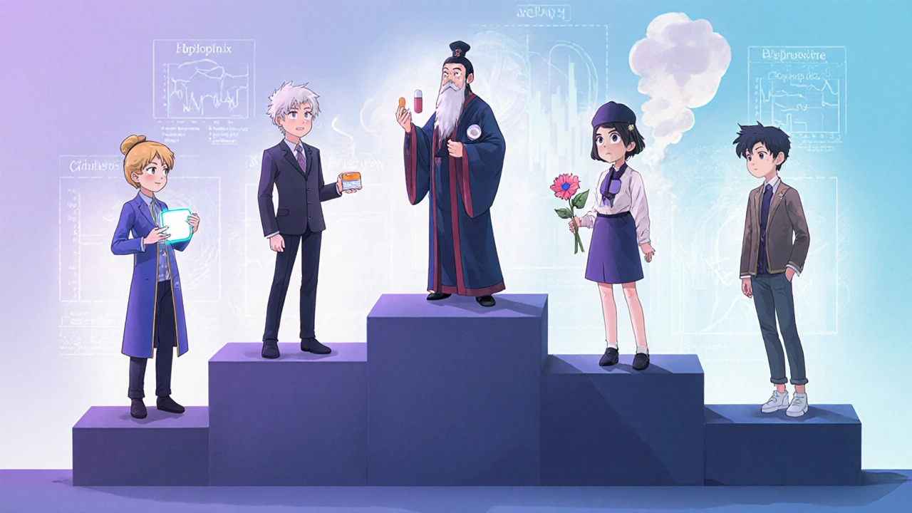 Five characters representing quitting methods standing on stepped platforms indicating comparison.