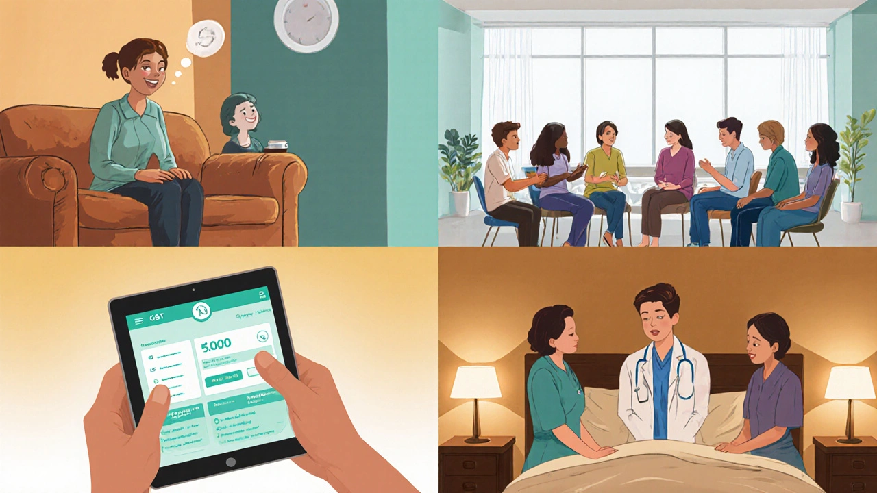 Four‑panel illustration of therapy session, support group, digital CBT app, and palliative‑care team.