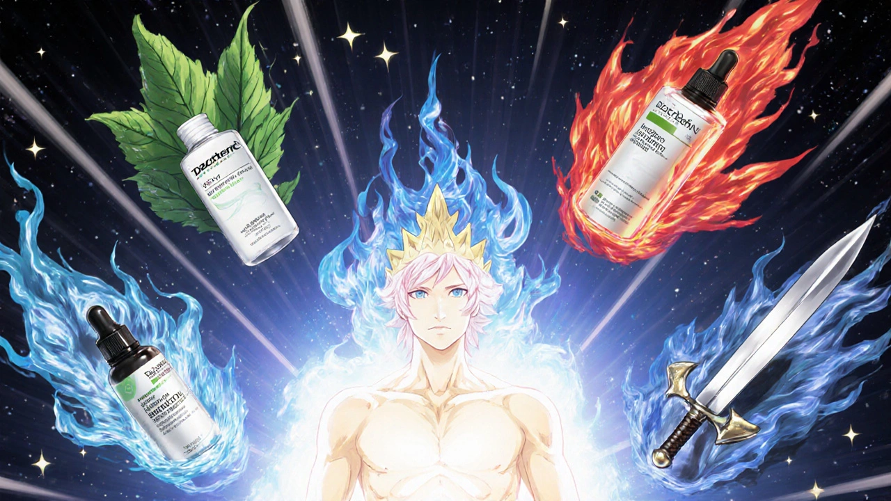 Four skincare alternatives represented as elemental spirits orbiting a crown-wearing tretinoin figure.