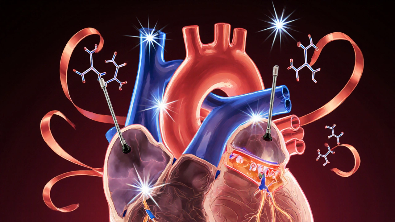 Heart with CRT leads and swirling amiodarone molecules affecting the QRS wave.
