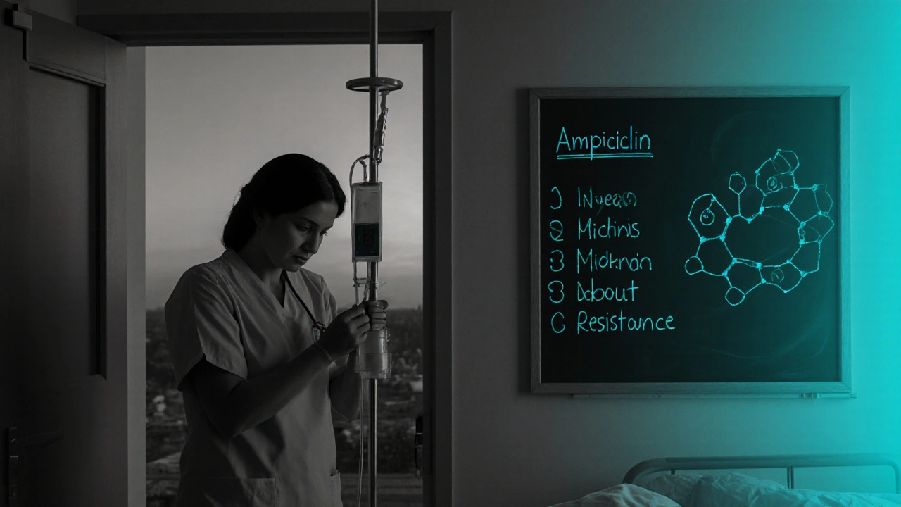 Hospital nurse adjusting ampicillin IV, teal‑tinted chalkboard showing resistance notes.