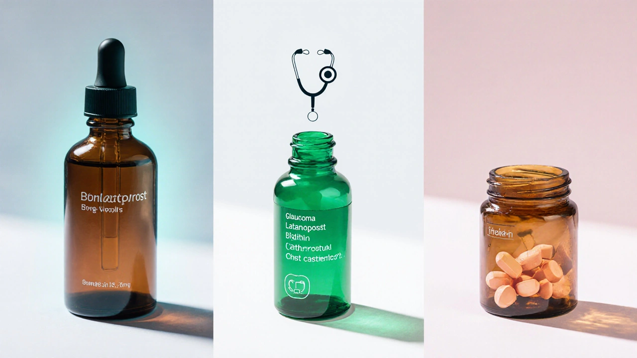 Illustrated set of eyelash products: generic drops, latanoprost, castor oil, biotin pills.