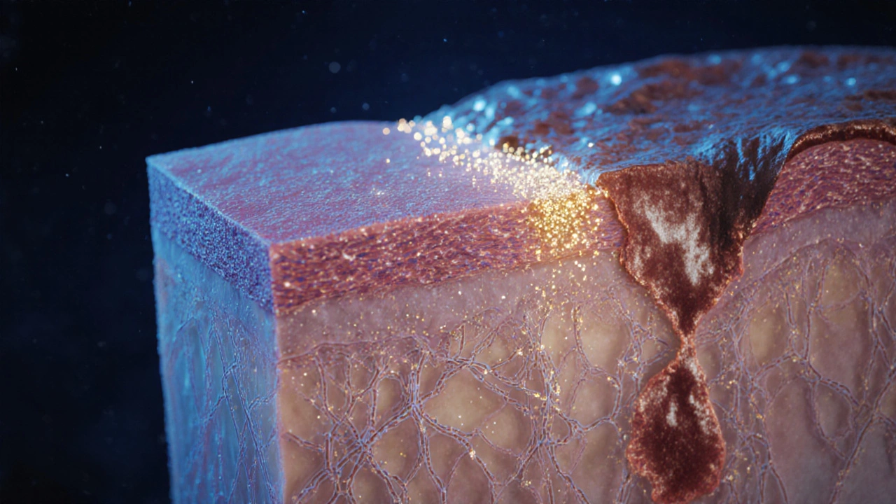 Illustrated skin cross‑section showing tretinoin‑induced cell turnover, collagen boost, and mild redness.