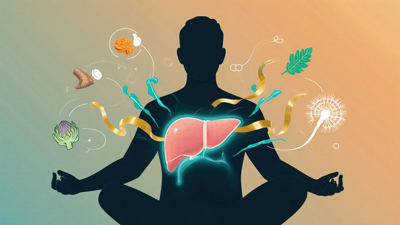 Illustration of a person with a glowing liver, golden antioxidant ribbons, and icons of liver‑support herbs.