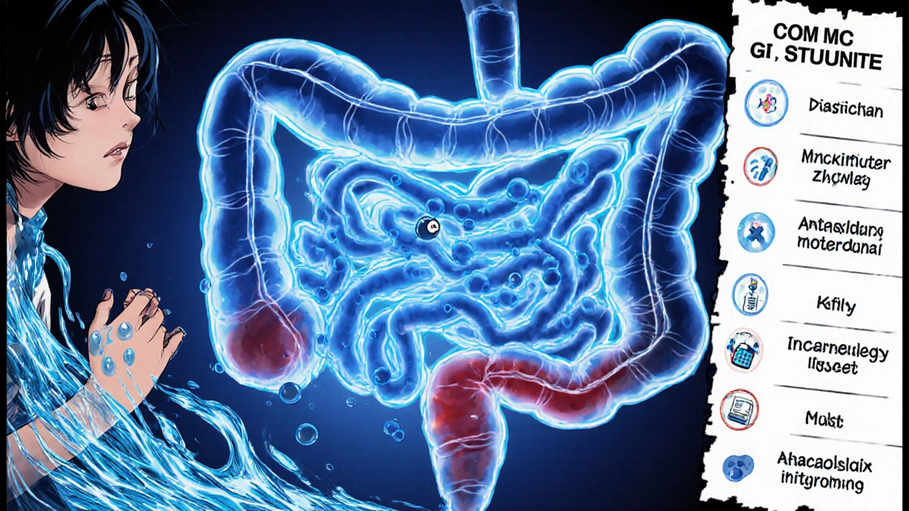 Illustration of damaged intestinal villi causing diarrhea and nausea from low phosphate.