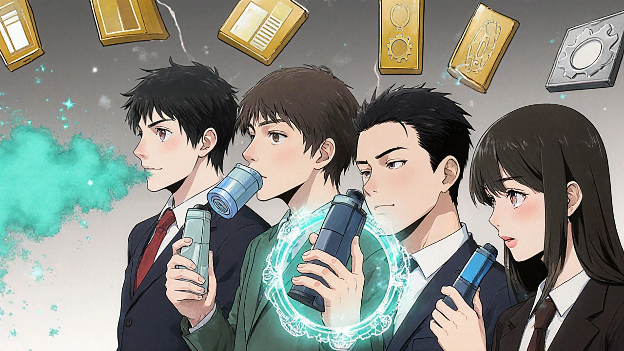 Lineup of characters each holding different inhaled steroid devices.