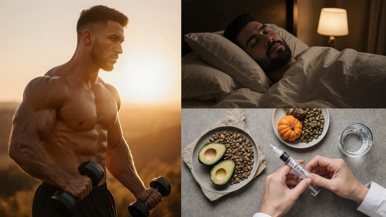 Man exercising, sleeping, and eating healthy foods, hinting at treatment and lifestyle.
