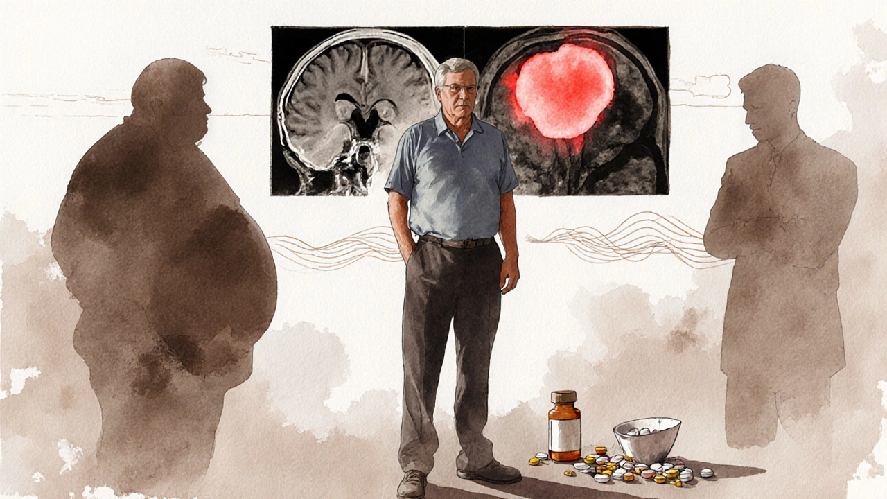 Man surrounded by symbols of tumor, obesity, medication, and brain injury.
