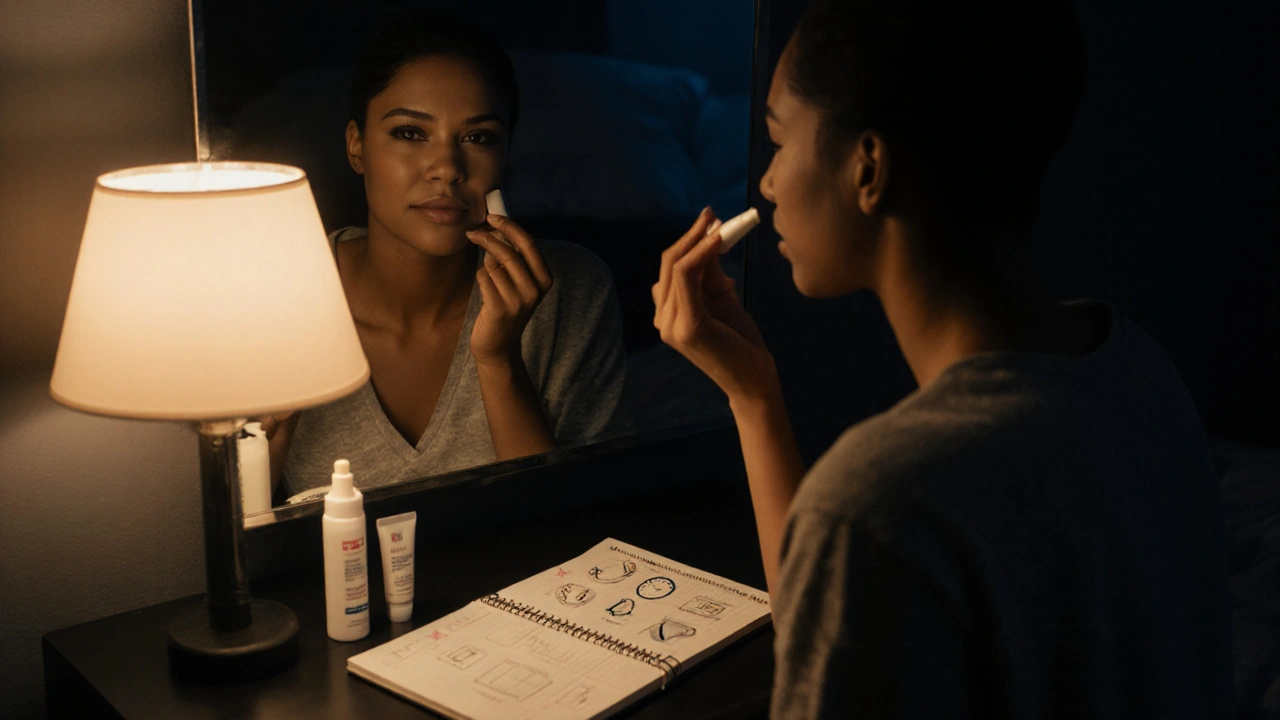 Nighttime bedroom scene of a person applying Retino A cream beside moisturizer, sunscreen, and checklist.