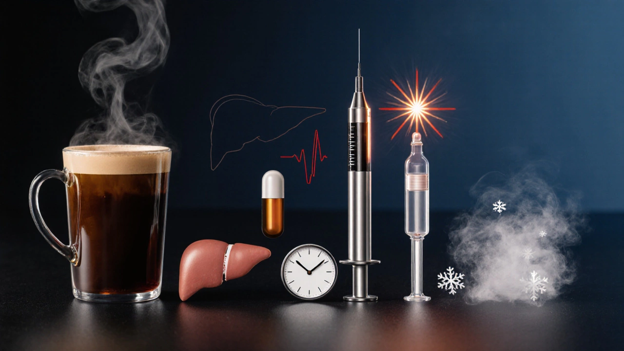 Objects representing caffeine, adrafinil, modafinil, amphetamine, pitolisant, and sodium oxybate arranged together.