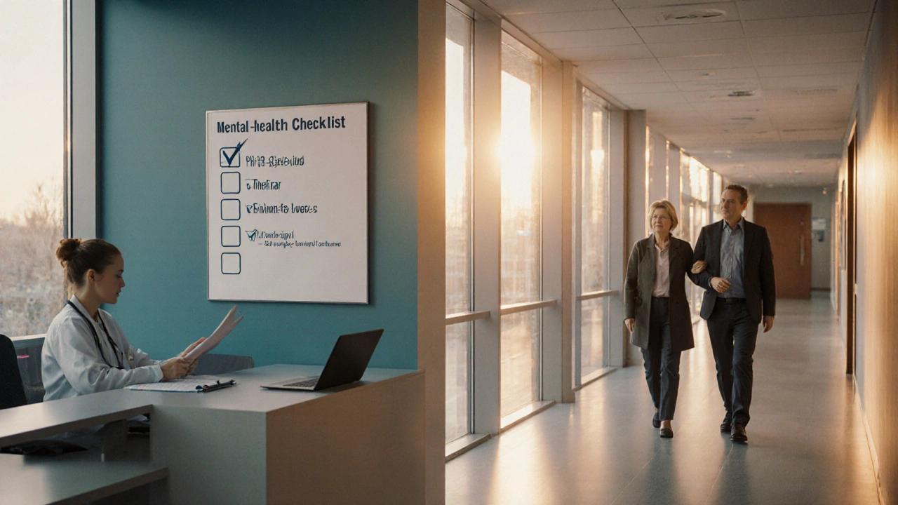Oncology hallway showing mental‑health clinician, patient with caregiver, and a checklist on the wall.