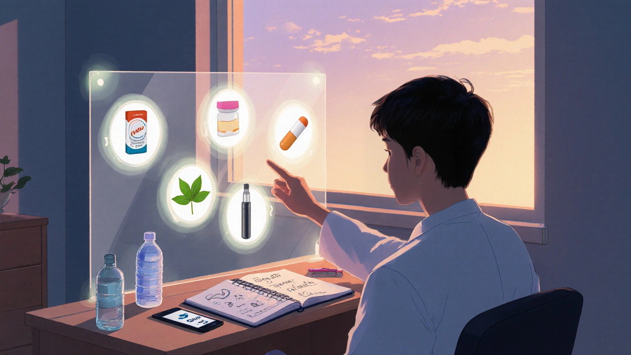 Patient and doctor discussing options with floating icons of treatments and a diary beside them.