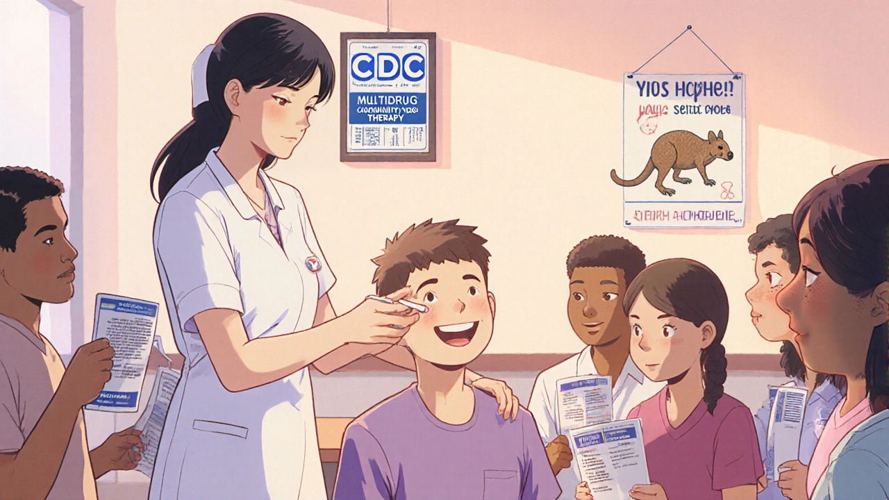 Patient receiving leprosy medication surrounded by supportive staff and myth‑busting poster.