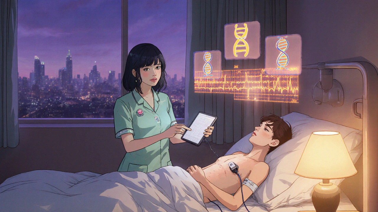 Patient with CRT device monitored by nurse, showing ECG and genetic icons.