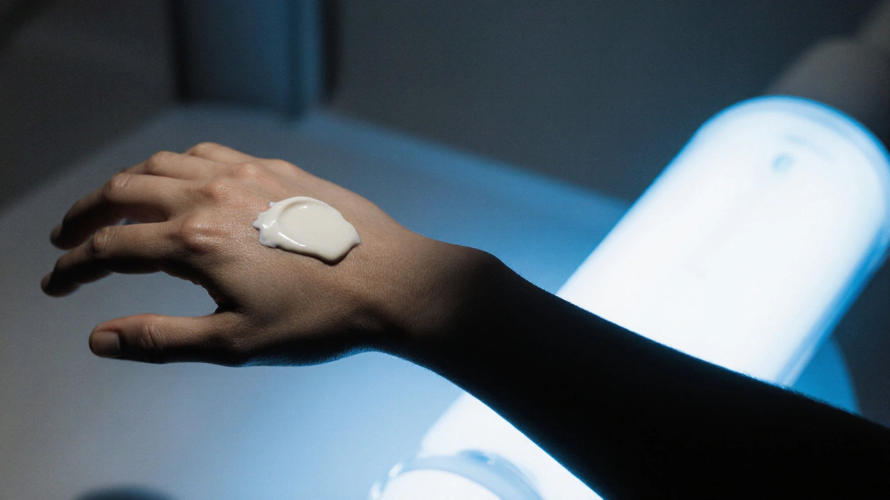 Person applying moisturizer to forearm with a blue‑lit phototherapy lamp in a monochrome bathroom.
