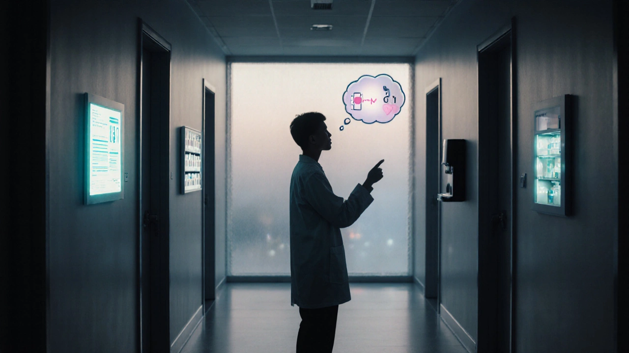 Person at a hallway crossroads with symbolic doors for prescription, OTC, and coffee, reflecting on health.