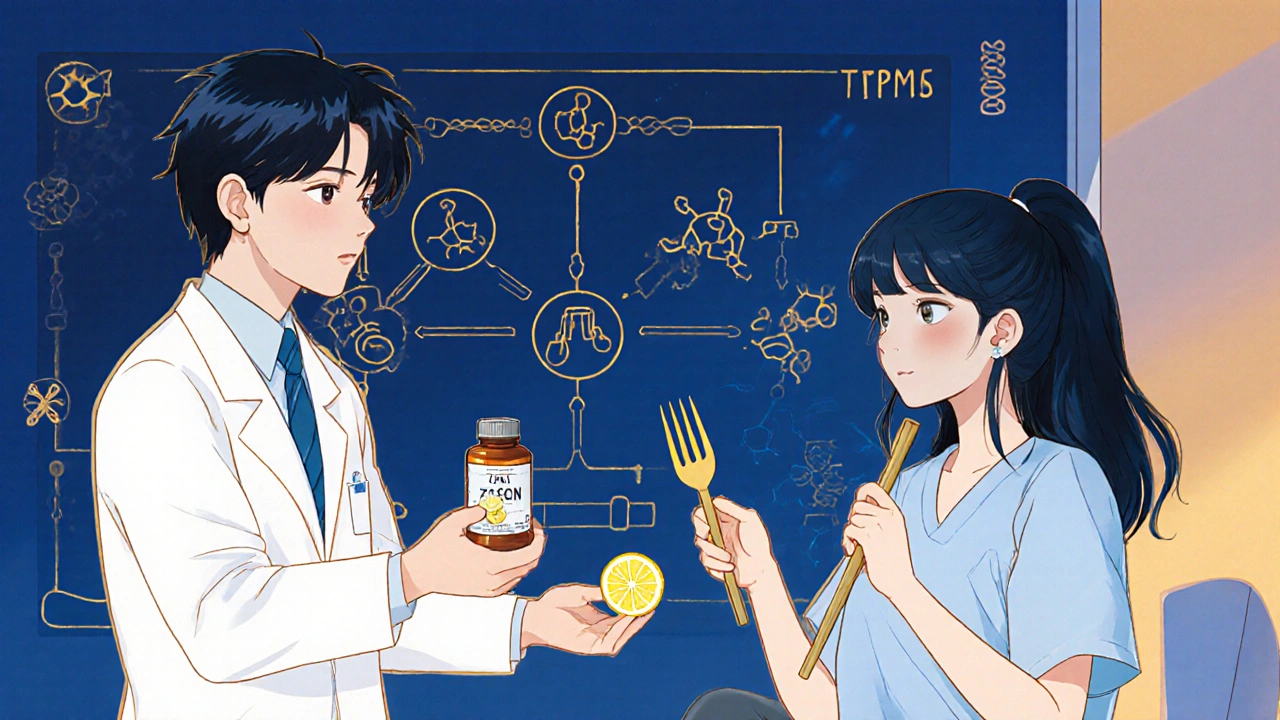 Pharmacist gives zinc supplement to cancer patient, who holds lemon and bamboo fork, medical flowchart in background.