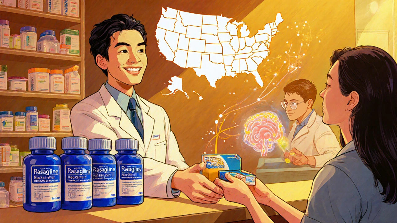 Pharmacist giving rasagiline to a patient, symbolizing FDA approval.
