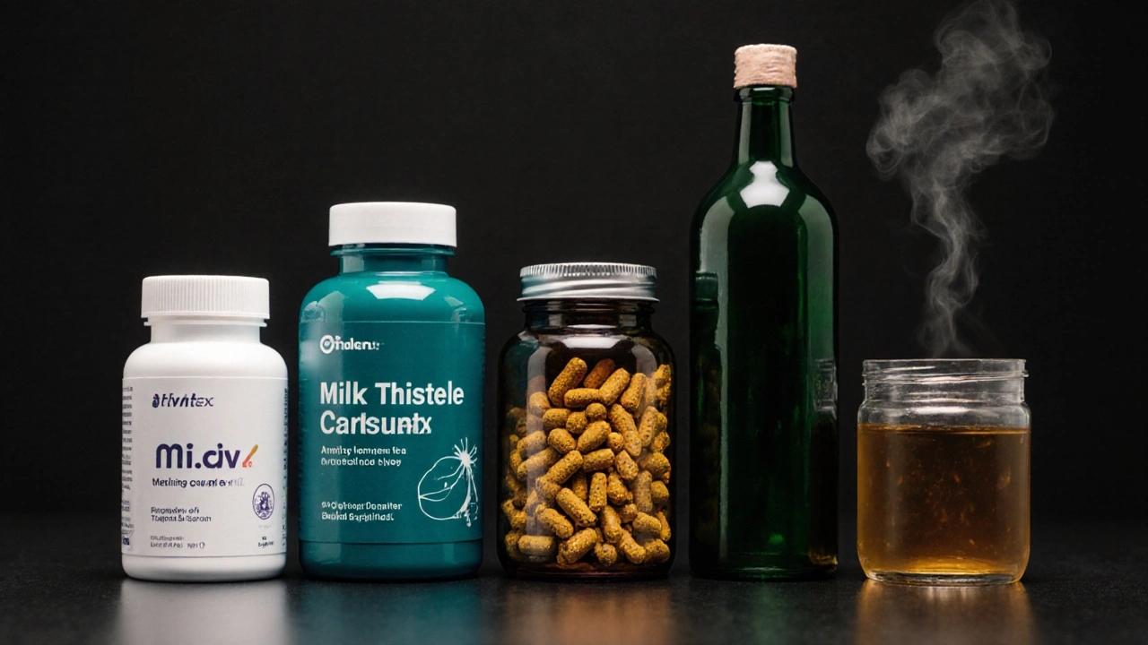 Row of liver supplement bottles—Liv.52, Milk Thistle, turmeric, artichoke extract, dandelion tea—on a black countertop.