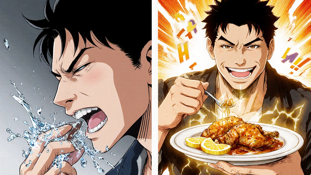 Split scene: man grimacing after taking pill vs. smiling while eating marinated chicken with lemon.