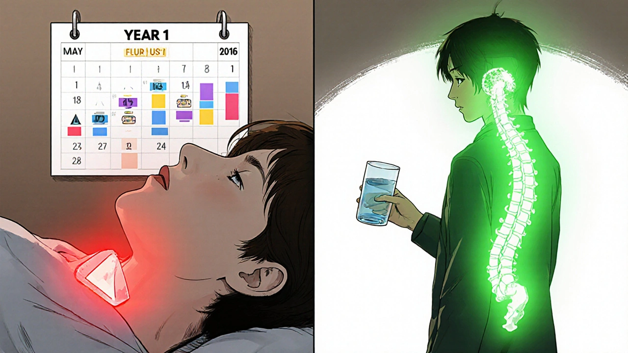 Split scene: person lying down with warning aura vs. standing with healing light radiating from spine.