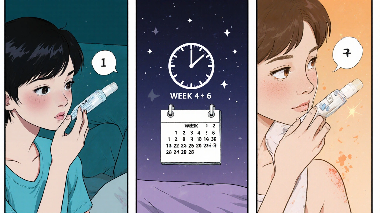 Step‑by‑step routine panels showing gel application, moisturizer, and clearer skin.