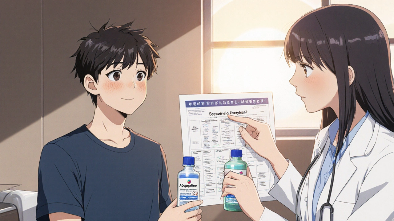 Teen boy and dermatologist discussing safe product combination in a clinic.