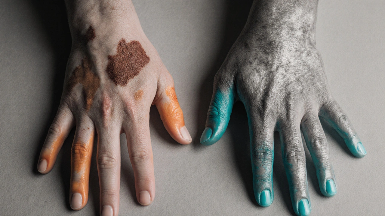 Two hands side by side showing eczema and psoriasis lesions with orange and teal accents.