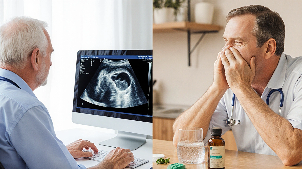 Two men, one in a clinic with an ultrasound of a reduced prostate, the other at home with supplements, both appearing relieved.
