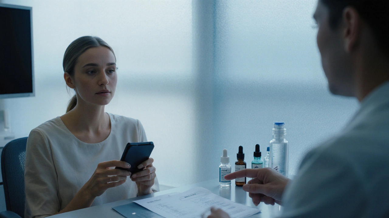 Woman consulting an eye doctor about eyelash treatment options.