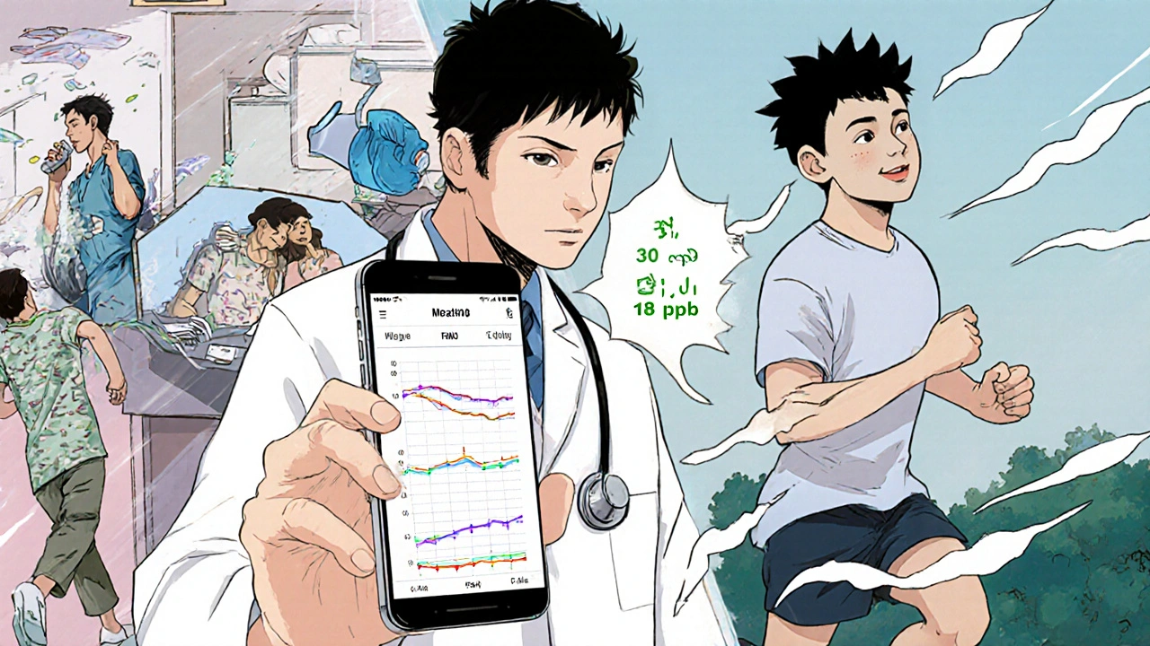 A doctor showing a patient a smartphone with FeNO trend graphs, contrasting past asthma struggles with current calm life.