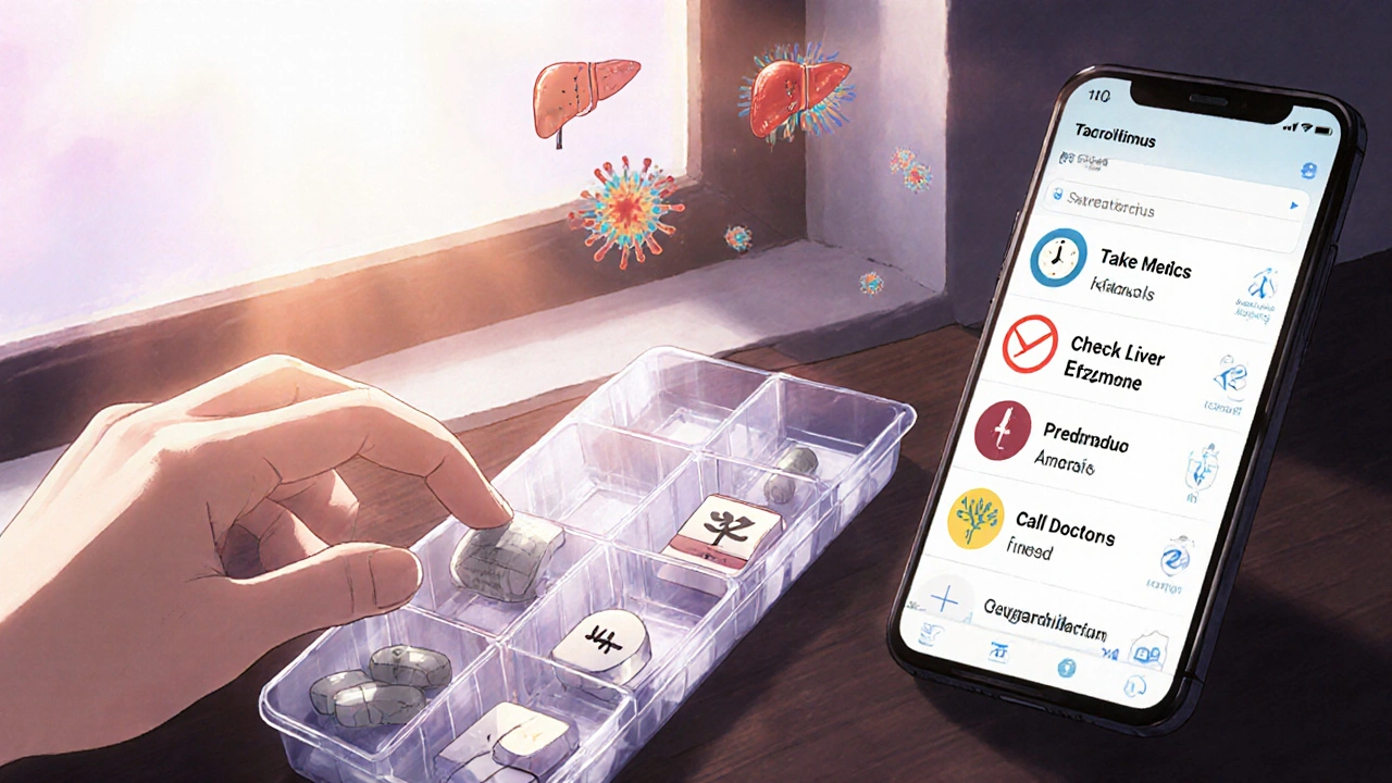 A hand organizes transplant medications at dawn with alarms and pill labels visible.