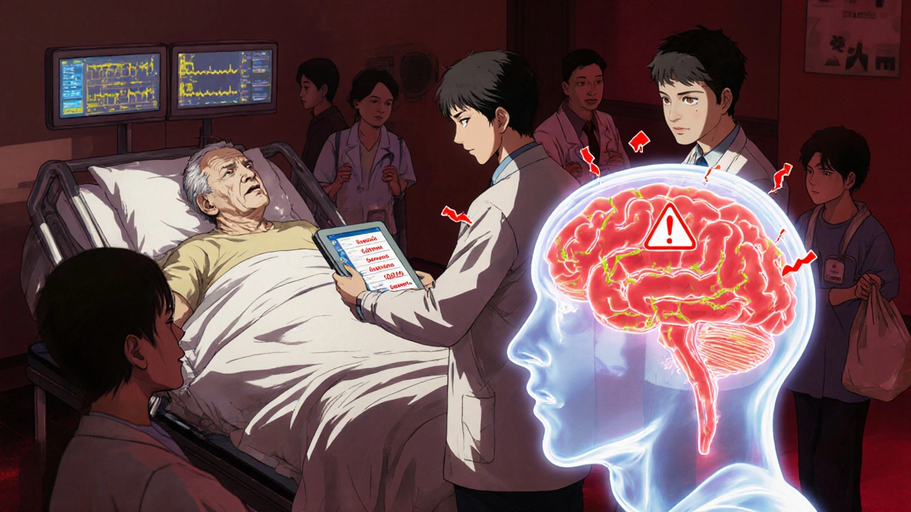 A hospital emergency scene with a patient flatlining, doctors shocked by a dangerous medication combo on a tablet.