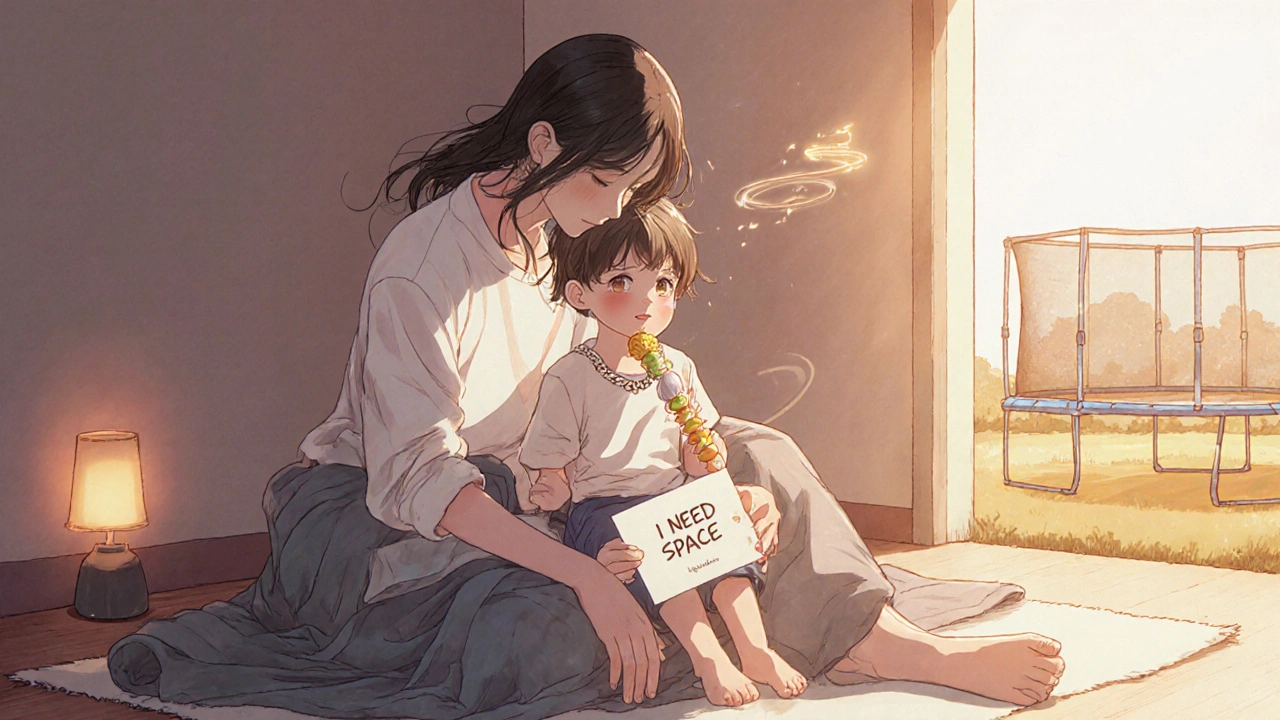 A parent and child sitting together on a rug with a weighted blanket and a &#039;I need space&#039; card, surrounded by calming elements.