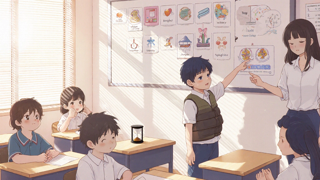 A student in a classroom using a weighted vest and pointing to a visual schedule with icons for daily activities.